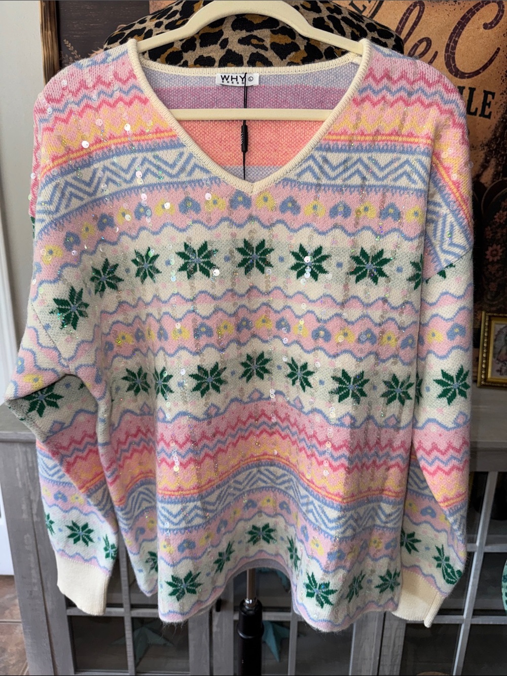 NWT Why Dress Pastel Fair Isle V-Neck Sweater w/ Sparkles Sz Large - Picture 3 of 7